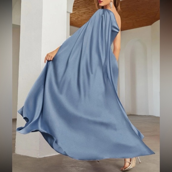 Luxe one shoulder party formal evening wedding prom satin dress - Picture 3 of 16